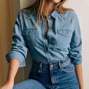 Sezane Servanne Shirt Blouse in Blue Denim Sz 2 (FR 34)